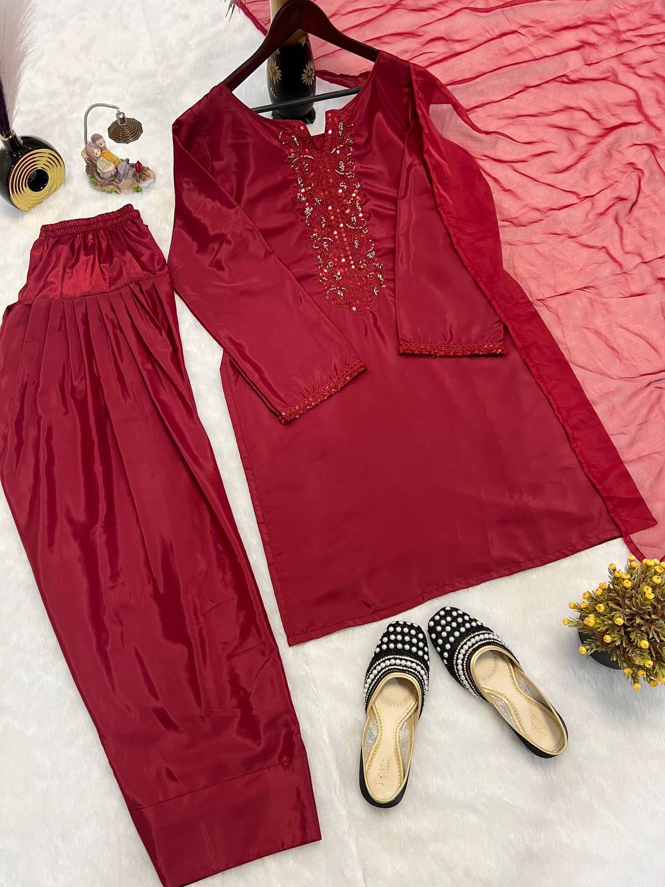 Editorial Deep Red Silk Co-ord